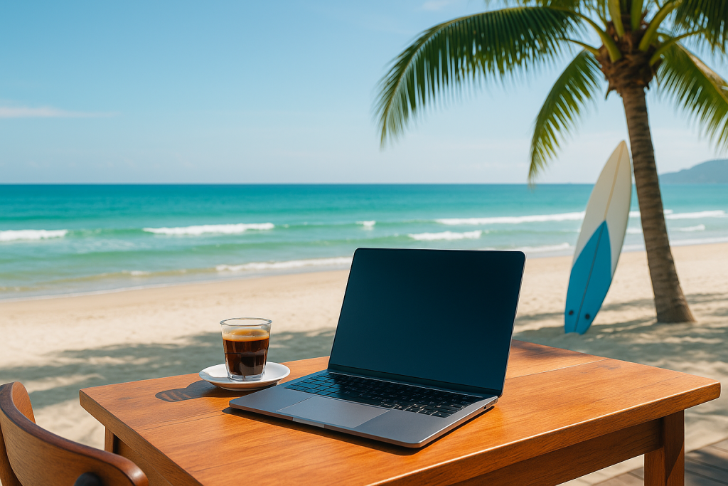 Imagine opening your laptop to the sound of gentle waves and the aroma of Vietnamese coffee rising from the cup beside you.
